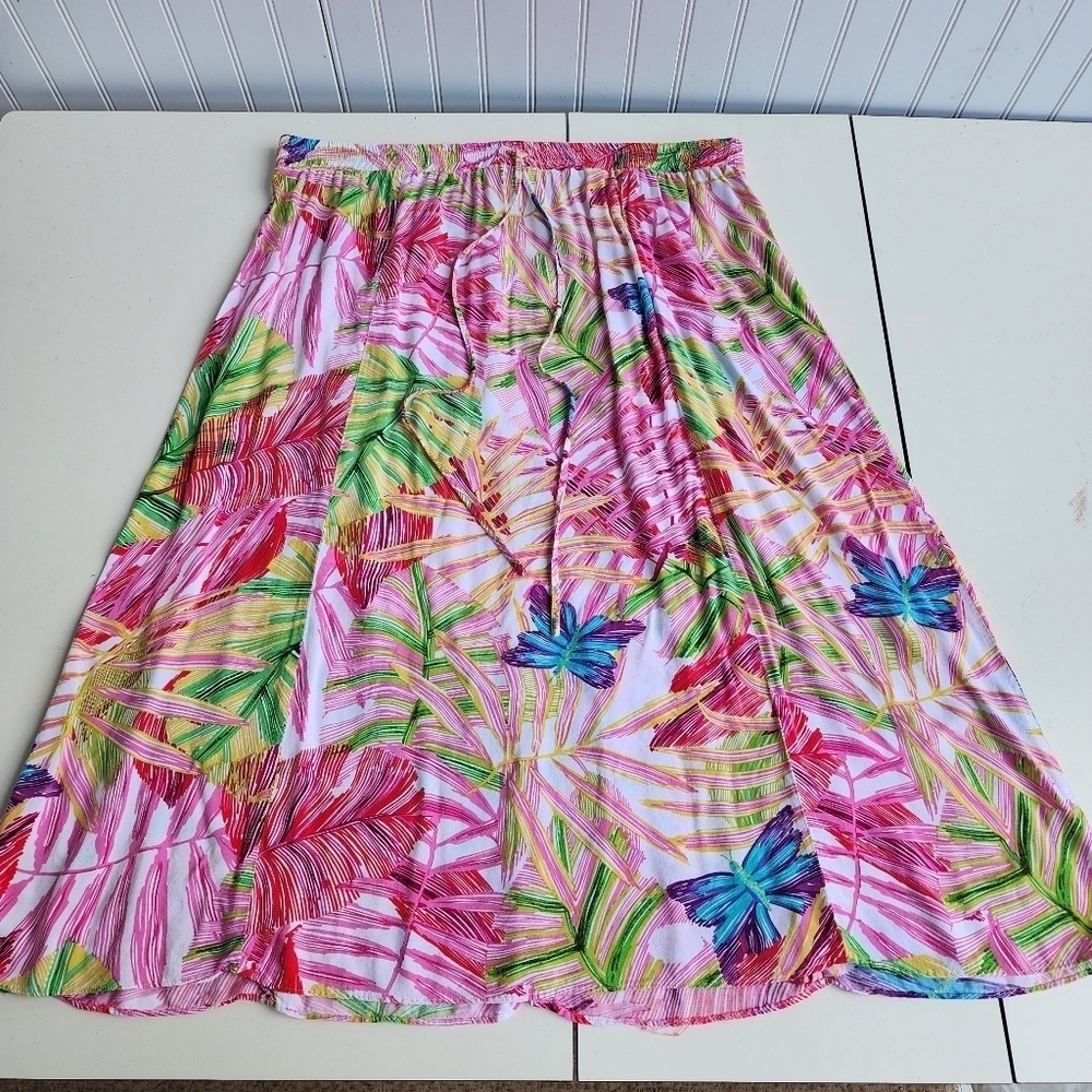 Laura Scott Women's Pink White Floral Palm Maxi Skirt Drawstring Rayon Sz 1X